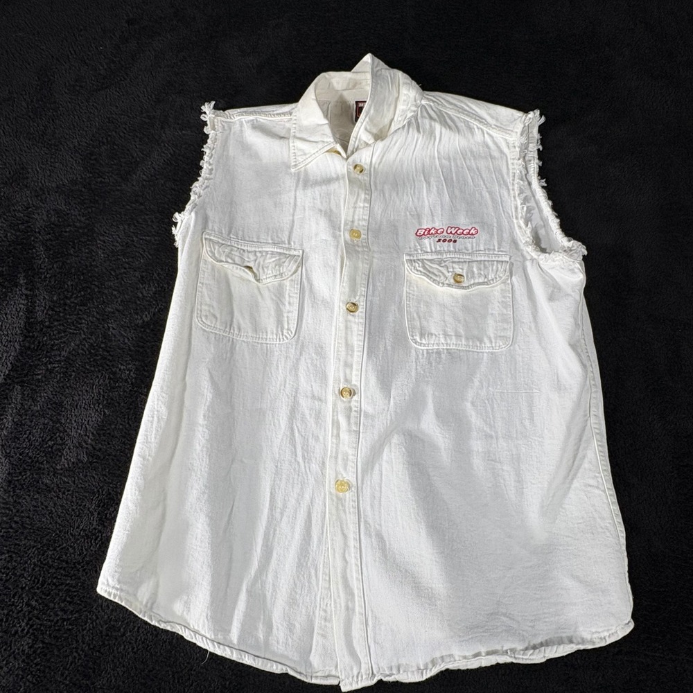 Daytona Beach Bike Week 2005‎ Biker Design White Sleeveless Button XL